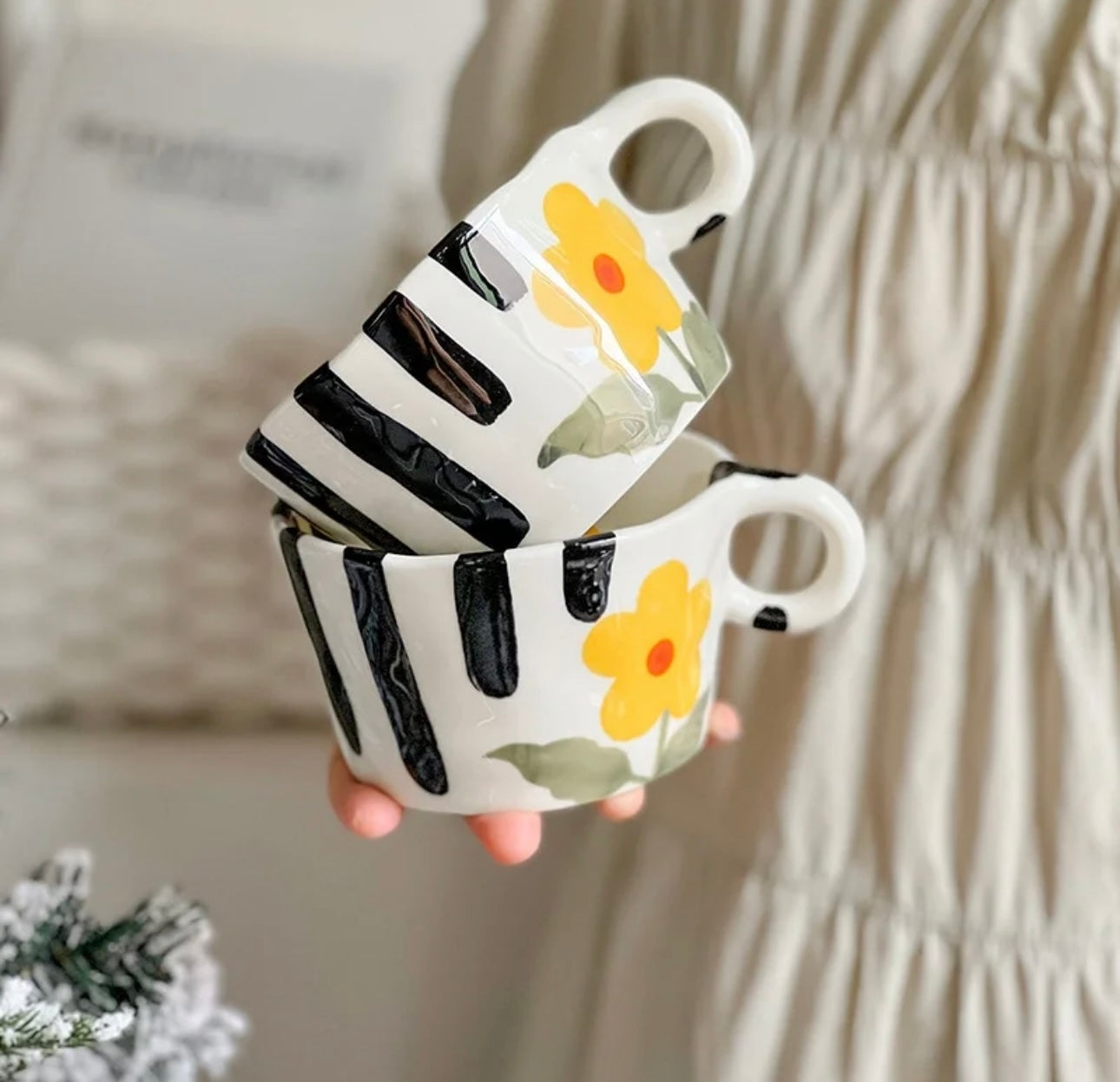 Black Striped Yellow Floral Mug