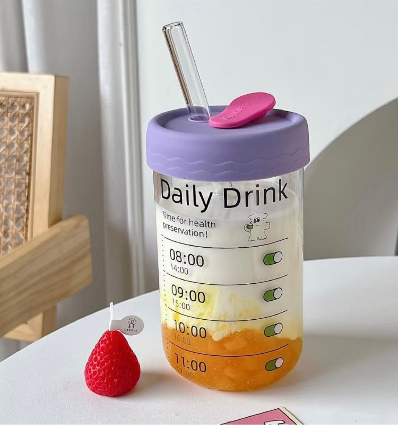Timed Hydration Glass Tumbler with Straw