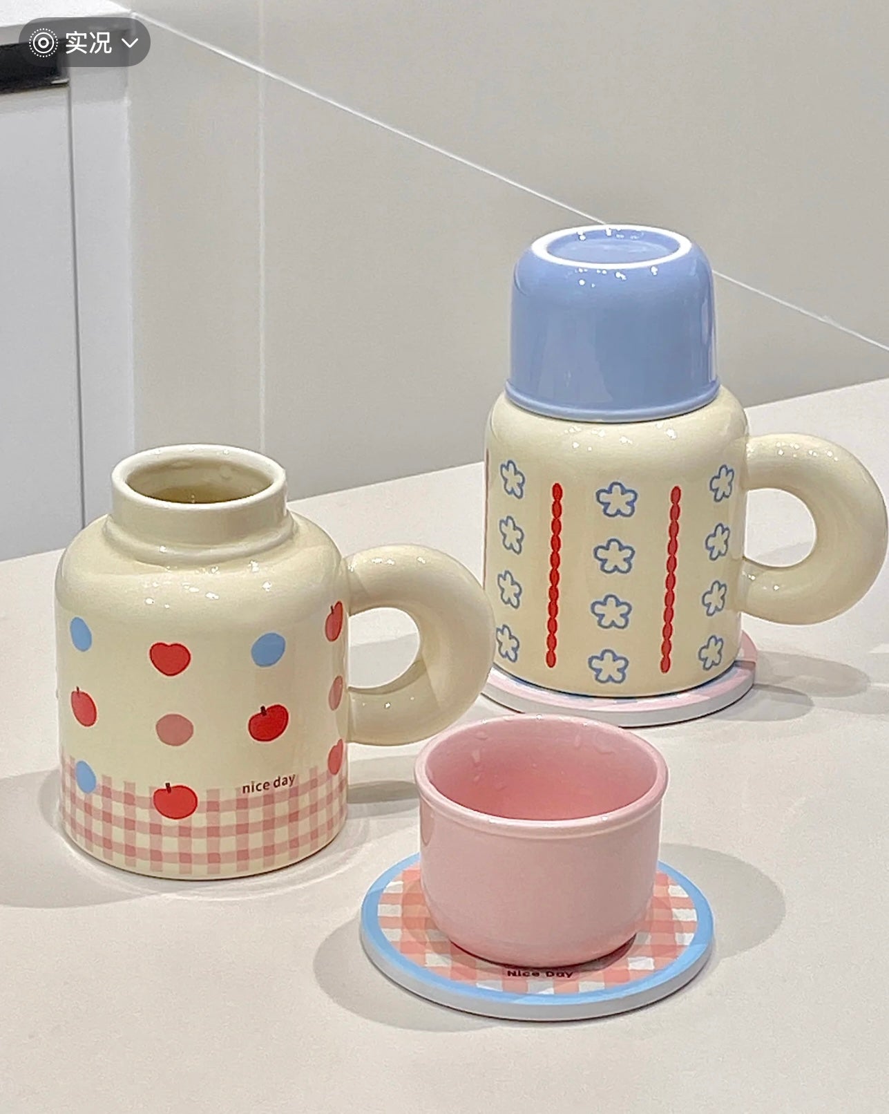 Blue Floral Striped Ceramic Teapot