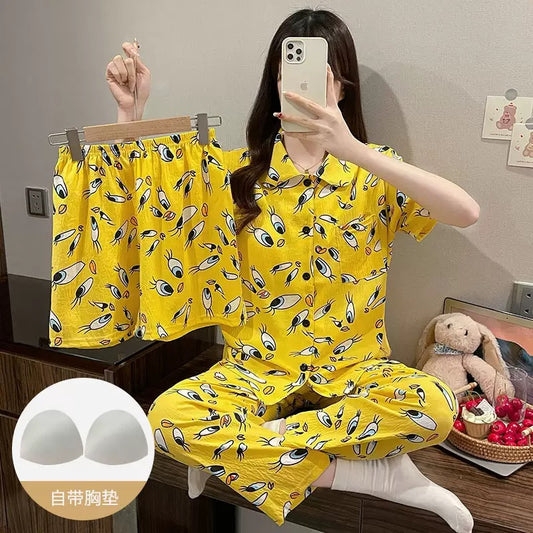 Yellow Eyes Pajama Set (3 Pieces: Short Sleeve Top + Shorts + Long Pants)