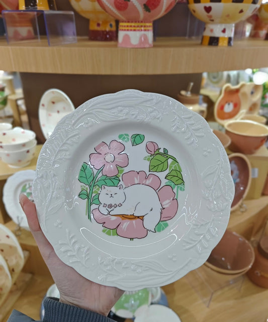 White Cat & Peach Blossom Embossed Plate