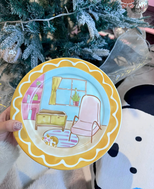 Cozy Cat Scene Round Plate