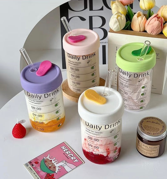 Timed Hydration Glass Tumbler with Straw