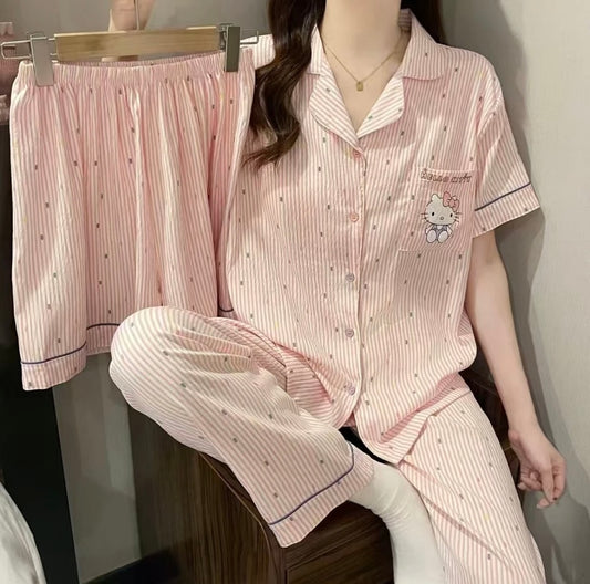 Pink Striped Hello Kitty Pajama Set (3 Pieces: Short Sleeve Top + Shorts + Long Pants)