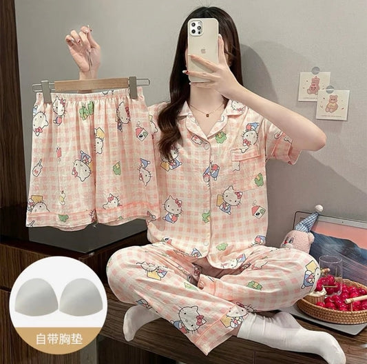 Hello Kitty Forest Pajama Set (3 Pieces: Short Sleeve Top + Shorts + Long Pants)