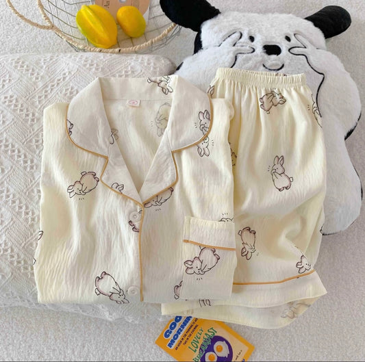 Creamy Bunny Pajama Set (3 Pieces: Short Sleeve Top + Shorts + Long Pants)