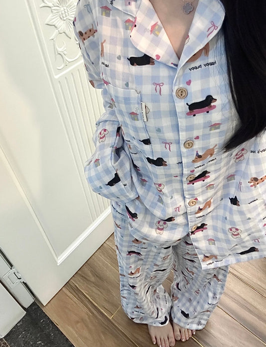 Blue Dachshund Pajama Set (2 Pieces: Top + Pants)